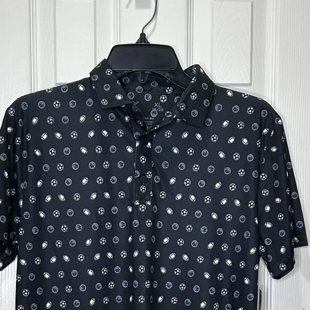 Xersion Boys Black Quick Dri Sports Printed Polo Shirt Sz Youth XL 18/20 NWT